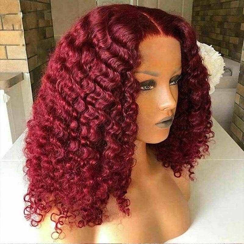 Burgundy Color Deep Wave Short Bob Wig 99J Transparent lace Wig 180%