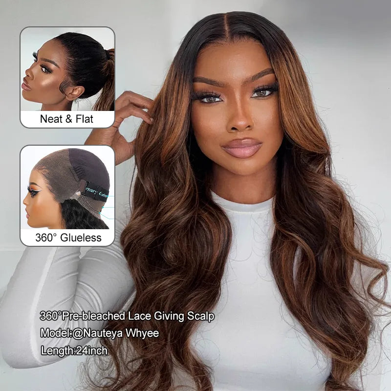 Balayage Highlights Dark Roots Body Wave 360 Skin Lace Frontal with Invisi Strap Human Hair Wig