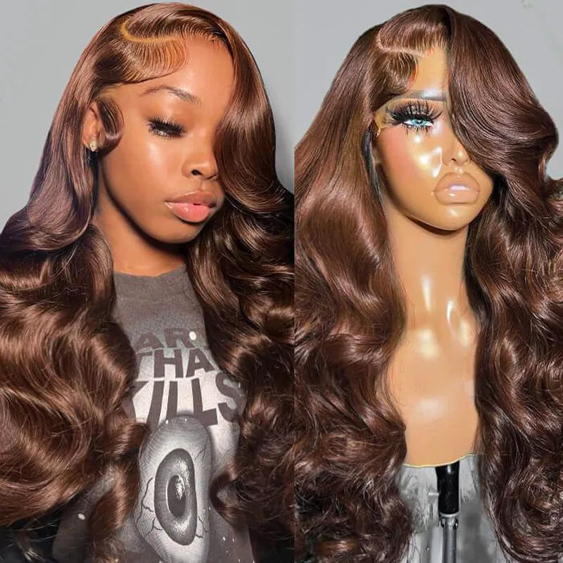 360 Lace Frontal 4# Chocolate Brown Body Wave Lace Front Wig Transparent Preplucked Lace Frontal Wig Colored Wigs