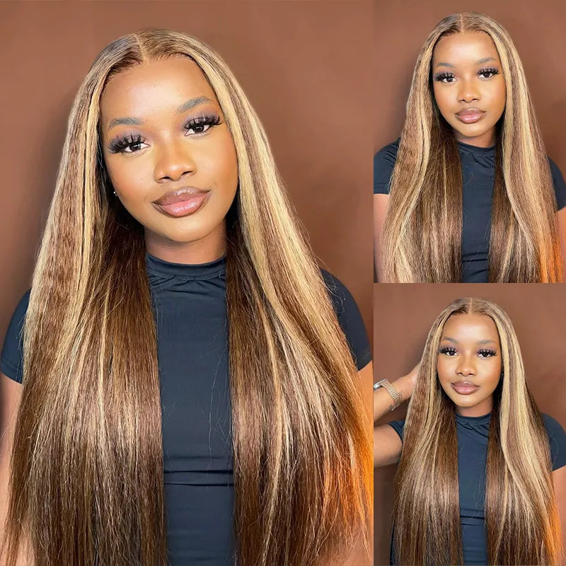 Ashimary 360 Invisi Strap Upgrade Glueless Highlight Brown Kinky Straight Lace Frontal Wig With Pre-Bleached Seamless Knots 4D Auto-Fit Cap