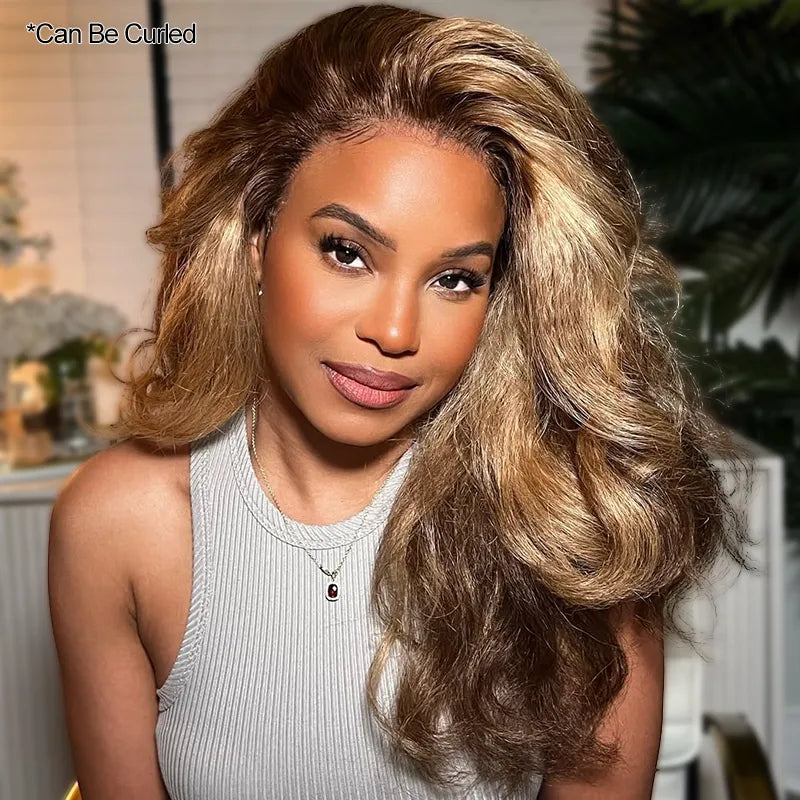 Ashimary 360 Invisi Strap Upgrade Glueless Highlight Brown Kinky Straight Lace Frontal Wig With Pre-Bleached Seamless Knots 4D Auto-Fit Cap