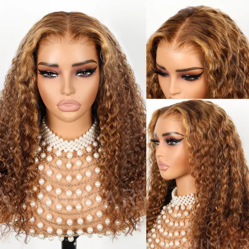 Water Wave Highlight Ombre Color Invisi Strap Snug Fit 360 Skin Lace Frontal Wig Glueless Human Hair