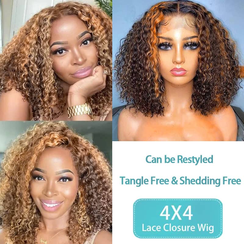 Fabulous Highlight Jerry Curly Short Bob 13*4 & 4*4 & 5*5 Transparent Lace Wig