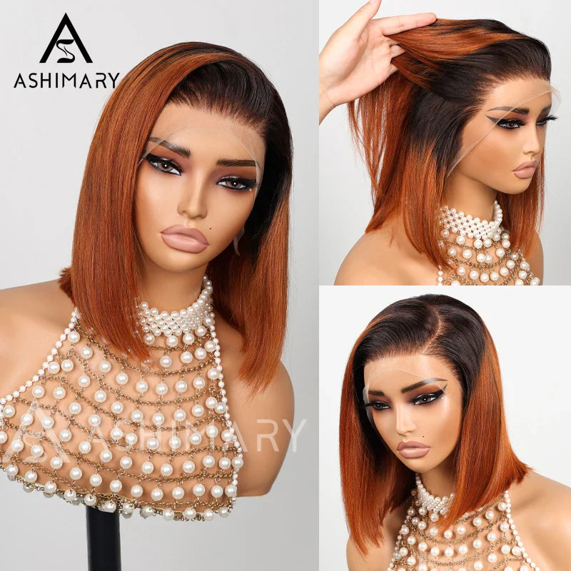 Pull Go 13x4 Lace Wig Ginger Ombre Silky Blunt Cut Glueless Bob Wig
