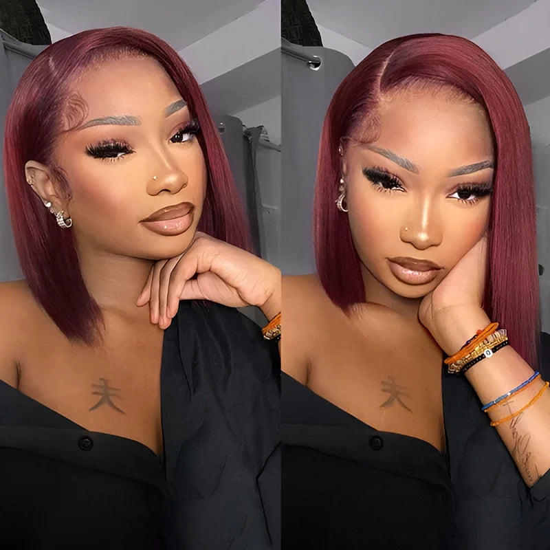 Blunt Cut Bob Burgundy 99J Color Straight Hair Double Drawn Wig High Density