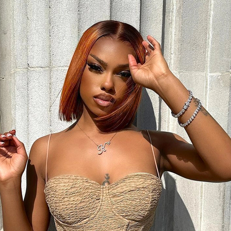 Pull Go 13x4 Lace Wig Ginger Ombre Silky Blunt Cut Glueless Bob Wig