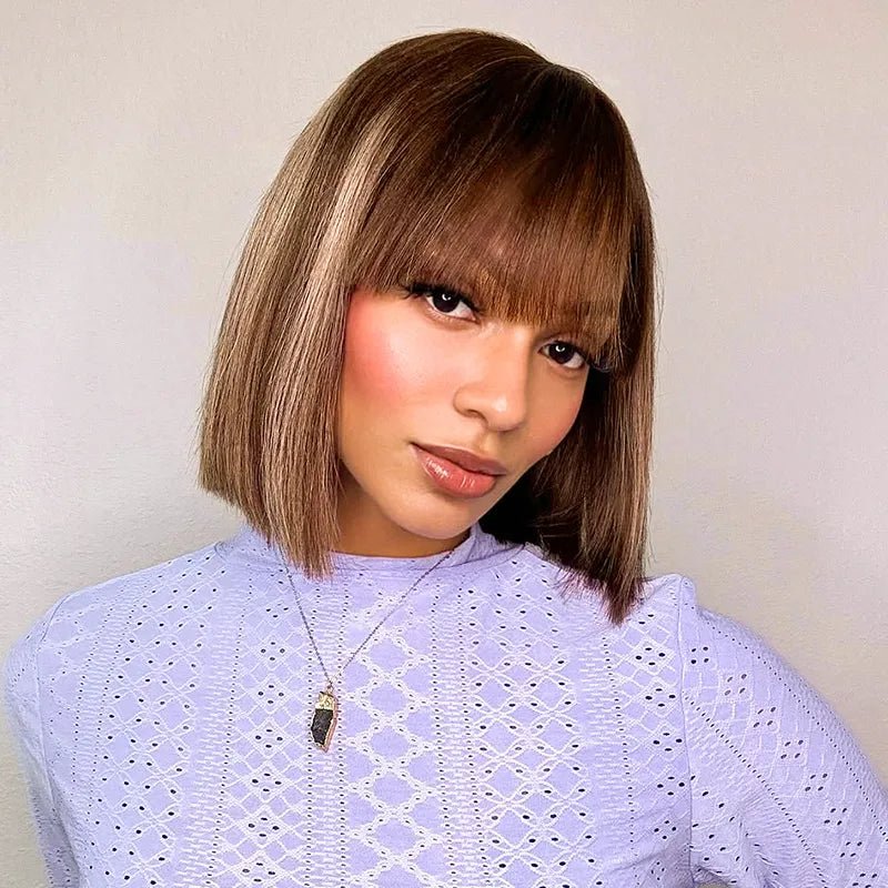 Put On and Go Ash Blonde Highlight Yaki Straight 3x1 Minimalist Lace Bob Wig With Bangs