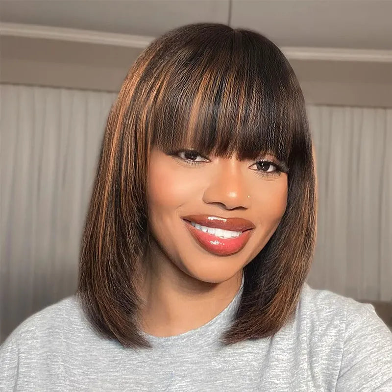 Put On and Go Black Brown Highlight Layered Cut Yaki Straight 3x1 Minimalist Lace Bob Wig With Bangs