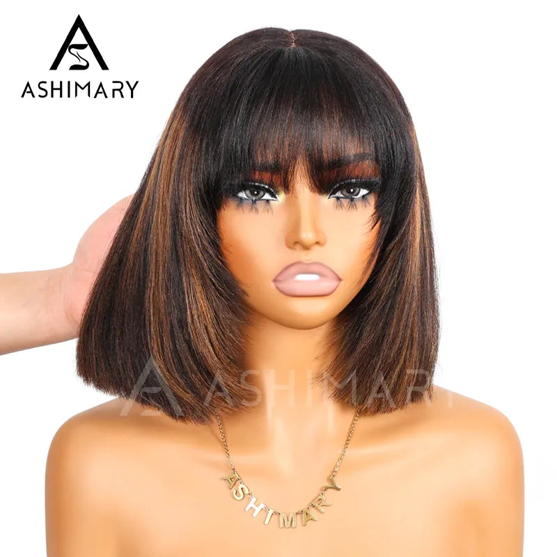 Put On and Go Black Brown Highlight Layered Cut Yaki Straight 3x1 Minimalist Lace Bob Wig With Bangs
