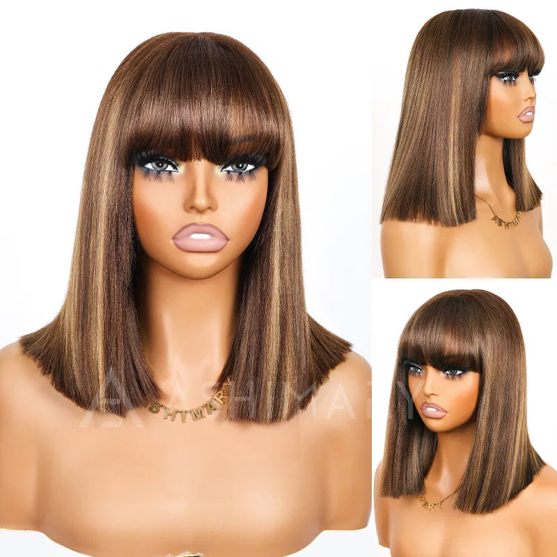 Put On and Go Ash Blonde Highlight Yaki Straight 3x1 Minimalist Lace Bob Wig With Bangs