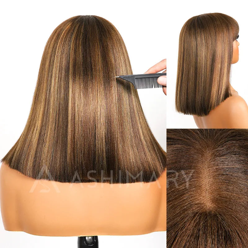 Put On and Go Ash Blonde Highlight Yaki Straight 3x1 Minimalist Lace Bob Wig With Bangs