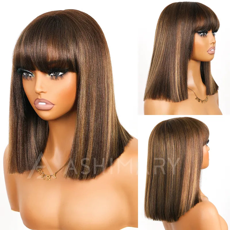 Put On and Go Ash Blonde Highlight Yaki Straight 3x1 Minimalist Lace Bob Wig With Bangs