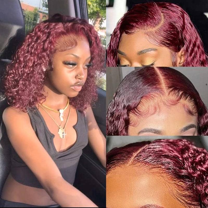 Burgundy Color Deep Wave Short Bob Wig 99J Transparent lace Wig 180%