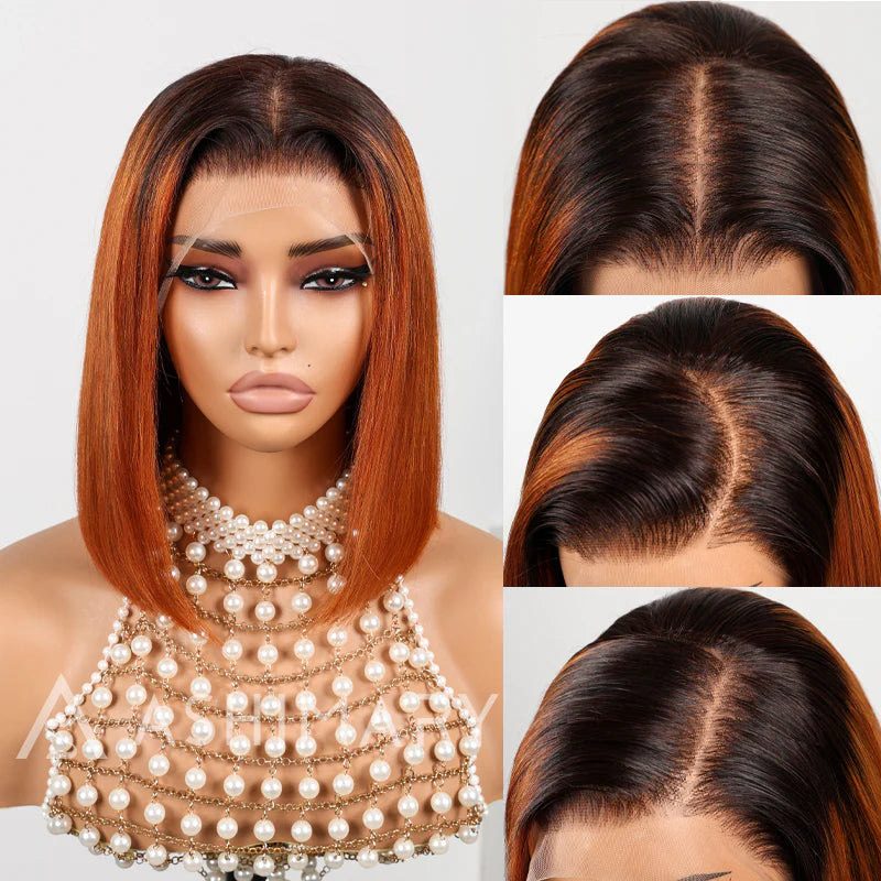 Pull Go 13x4 Lace Wig Ginger Ombre Silky Blunt Cut Glueless Bob Wig
