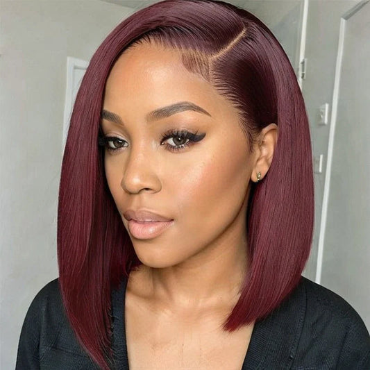 Blunt Cut Bob Burgundy 99J Color Straight Hair Double Drawn Wig High Density