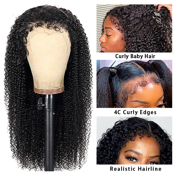 4C Edges Curly Baby Hair 13x4 & 13x6  HD Invisible Lace Frontal Kinky Curly Wigs Pre Bleached Knots Hair