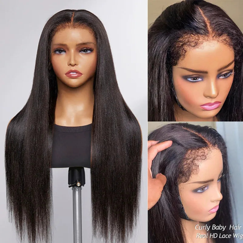 Ashimary 4C Edges Invisi Strap Snug Fit 360 Transparent Lace Frontal Kinky Straight Wig with Curly Baby Hair Pre Bleached Knots