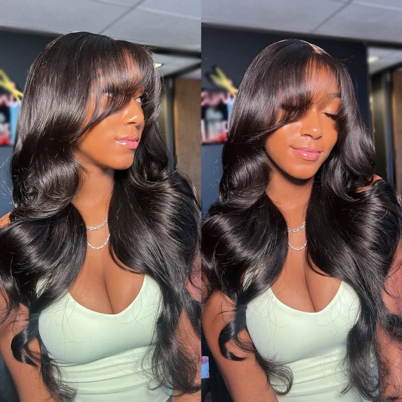 Ashimary Curtain Bangs Layered Cut 4x4 Transparent Lace Body Wave Wig 180% Density Butterfly Cut Human Hair