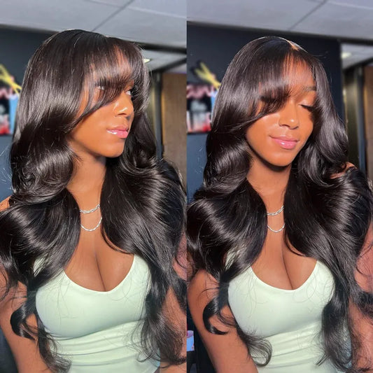 Ashimary Curtain Bangs Layered Cut 4x4 Transparent Lace Body Wave Wig 180% Density Butterfly Cut Human Hair