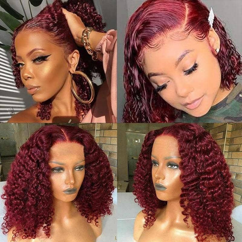 Burgundy Color Deep Wave Short Bob Wig 99J Transparent lace Wig 180%
