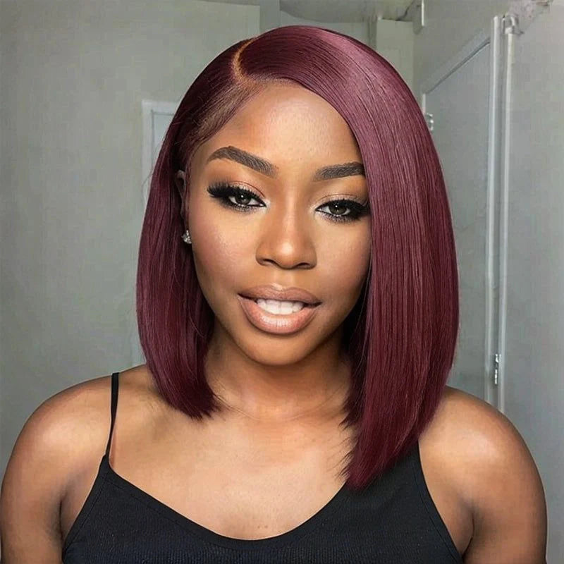 Blunt Cut Bob Burgundy 99J Color Straight Hair Double Drawn Wig High Density