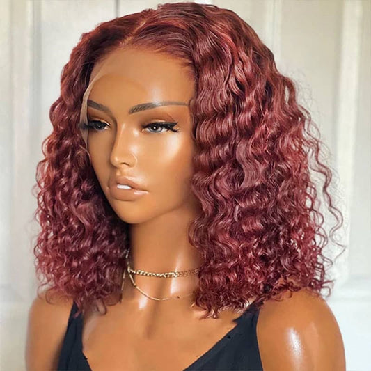 Burgundy Color Deep Wave Short Bob Wig 99J Transparent lace Wig 180%