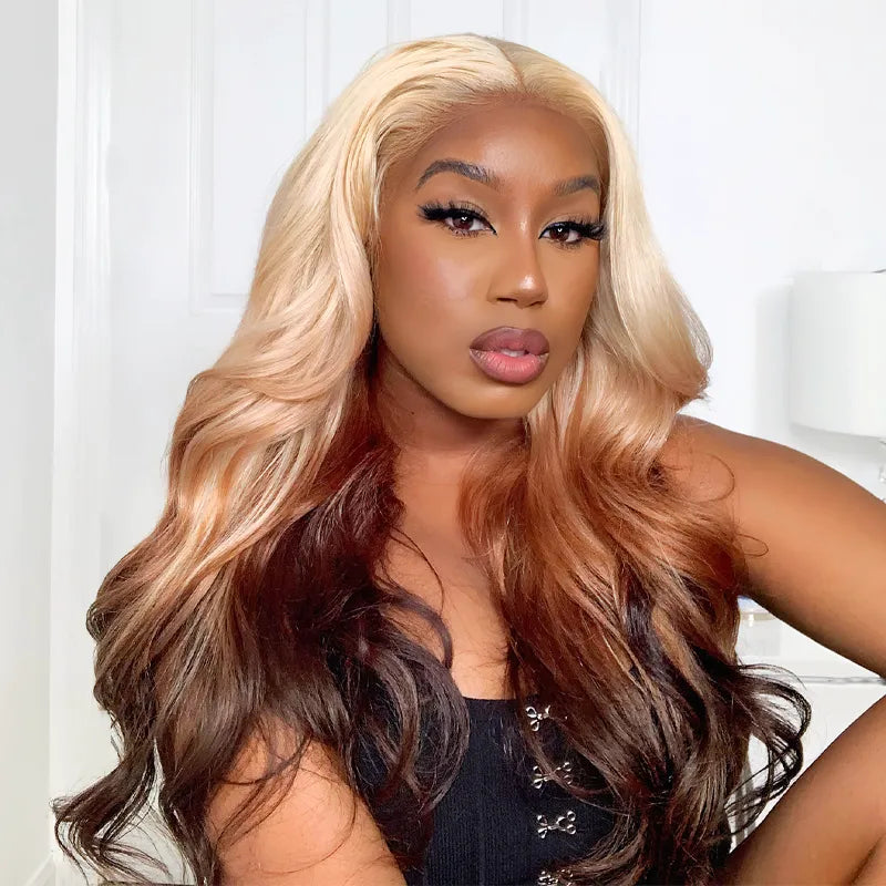 613 Blonde Brown Ombre Body Wave 13x4 Transparent Lace Front Wigs Ashimary Human Hair