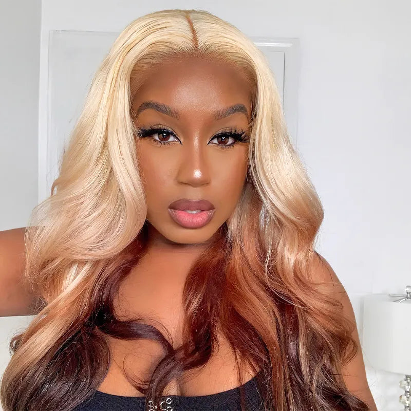 613 Blonde Brown Ombre Body Wave 13x4 Transparent Lace Front Wigs Ashimary Human Hair