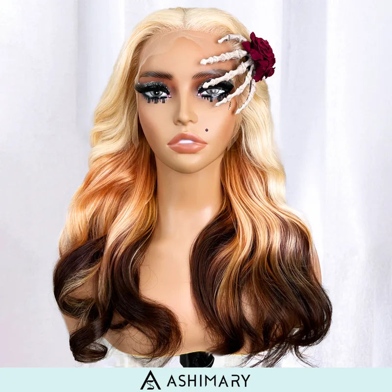 613 Blonde Brown Ombre Body Wave 13x4 Transparent Lace Front Wigs Ashimary Human Hair