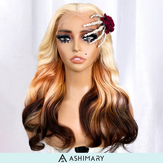 613 Blonde Brown Ombre Body Wave 13x4 Transparent Lace Front Wigs Ashimary Human Hair