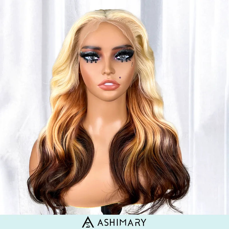 613 Blonde Brown Ombre Body Wave 13x4 Transparent Lace Front Wigs Ashimary Human Hair
