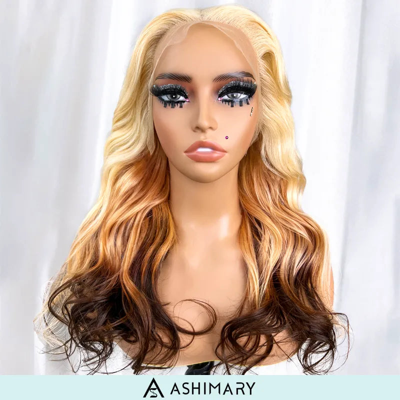 613 Blonde Brown Ombre Body Wave 13x4 Transparent Lace Front Wigs Ashimary Human Hair