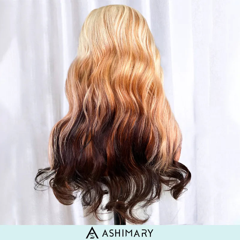 613 Blonde Brown Ombre Body Wave 13x4 Transparent Lace Front Wigs Ashimary Human Hair