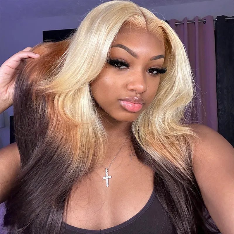 613 Blonde Brown Ombre Body Wave 13x4 Transparent Lace Front Wigs Ashimary Human Hair