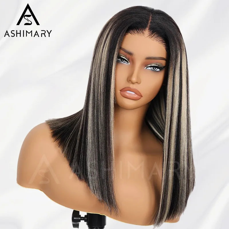 Pull Go 13x4 Lace Wig Blonde Highlights with Black Roots Yaki Straight Hair Pre-Cut Layered Optional Silk Press Golden Twilight Lace Wig