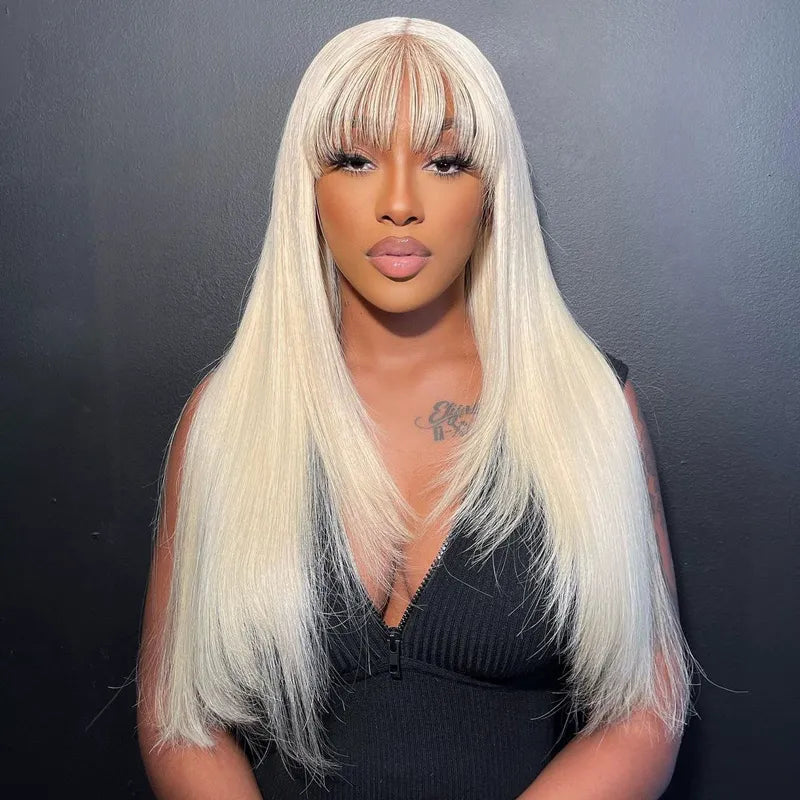 613 Blonde Straight Colored Wigs With Bangs 13x6 Transparent Full Lace Frontal Wig High Quality Remy Hair