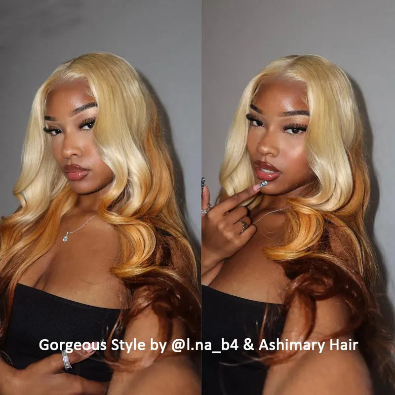 613 Blonde Brown Ombre Body Wave 13x4 Transparent Lace Front Wigs Ashimary Human Hair