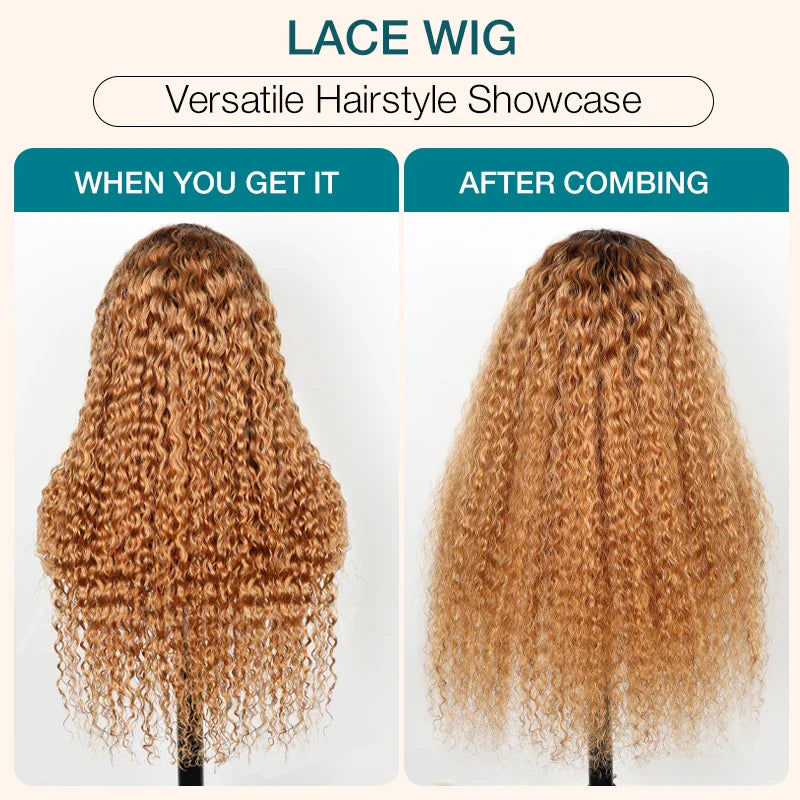 Ombre Honey Blonde Water Wave Lace Wig With Chocolate Dark Roots Pre Everything Glueless Wig