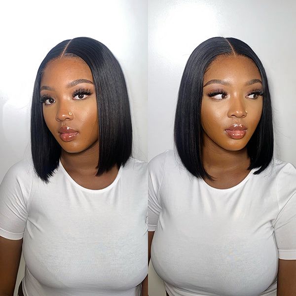 Double Drawn High Density Bone Straight Pull Go 13x4 Lace Bob Wig Lace Frontal Natural Black Glueless Wig