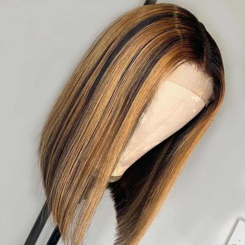 Double Drawn High Density Brown Highlight Bob Lace Wig Brazilian Human Hair