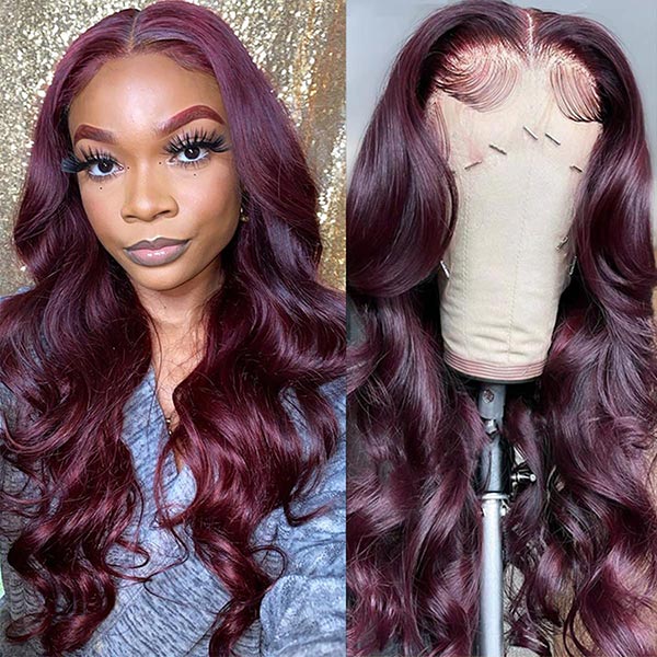Dark 99J Burgundy Body Wave 13x4 Frontal Lace Glueless Wig 100% human hair