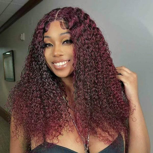 Dark Burgundy 99J Jerry Curly 13*4 & 13*6 Frontal Glueless Lace Wig 100% Human Hair