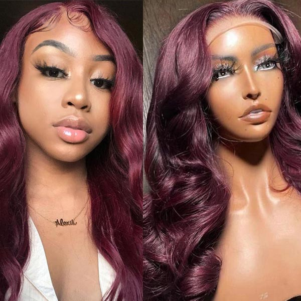 Dark 99J Burgundy Body Wave 13x4 Frontal Lace Glueless Wig 100% human hair
