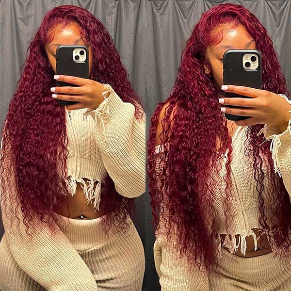 13*4 13*6 Deep Wave 99J Burgundy Curly Wig Frontal Wigs Ashimary Virgin Hair Front Wigs