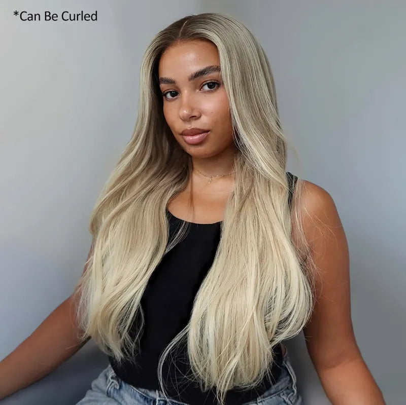 Ash Blonde With Platinum Highlight Straight 13x4 Lace Frontal Wig 100% Human Hair