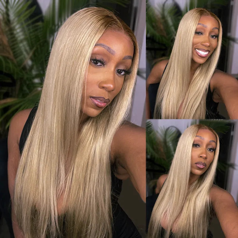 Ash Blonde Dark Root Straight 13x4 Transparent Lace Frontal Every Day Wear Pre Plucked Human Hair Wig