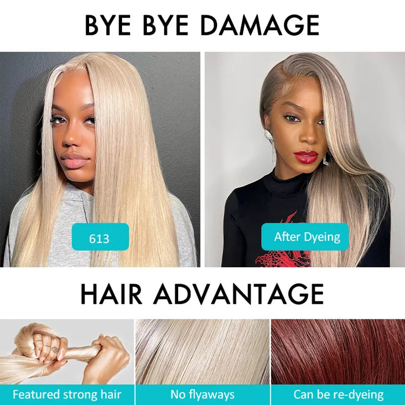 Upgrade Glueless Invisi Strap 360 Skin Lace Frontal 613 Blonde Straight Wig No Gel Stable Put on & Go Wigs