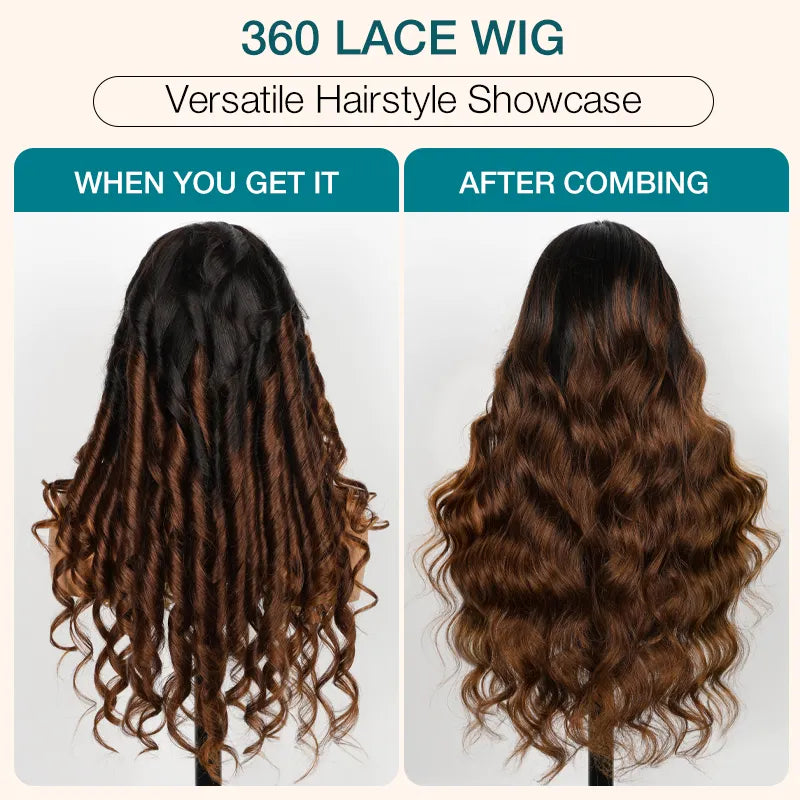 New Black Ombre Brown Highlight 3D Body Wave 360 Lace Frontal with Invisi Strap Pre Bleached & Plucked Human Hair Wig