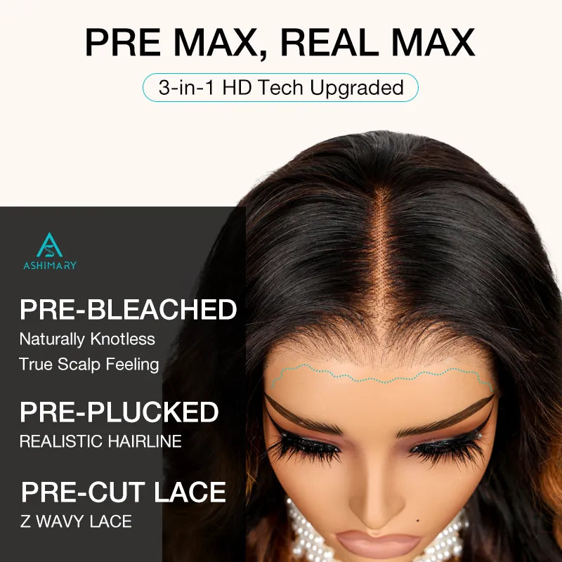 New Black Ombre Brown Highlight 3D Body Wave 360 Lace Frontal with Invisi Strap Pre Bleached & Plucked Human Hair Wig