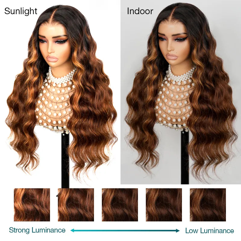 New Black Ombre Brown Highlight 3D Body Wave 360 Lace Frontal with Invisi Strap Pre Bleached & Plucked Human Hair Wig